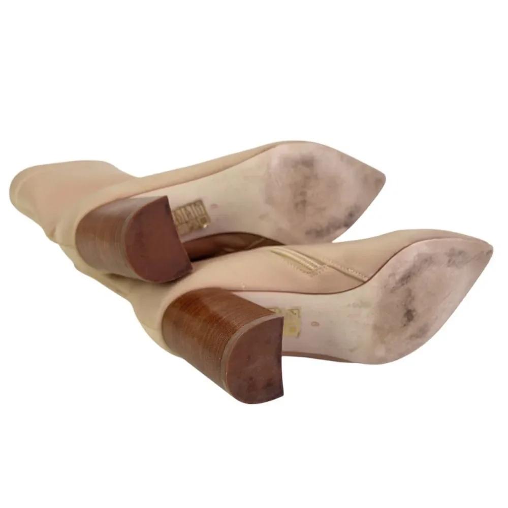 Jeffrey Campbell BEIGE ELASTIC NYLON HIGH HEEL POINTED ZIP SIDE ANKLE BOOTS Sz 6